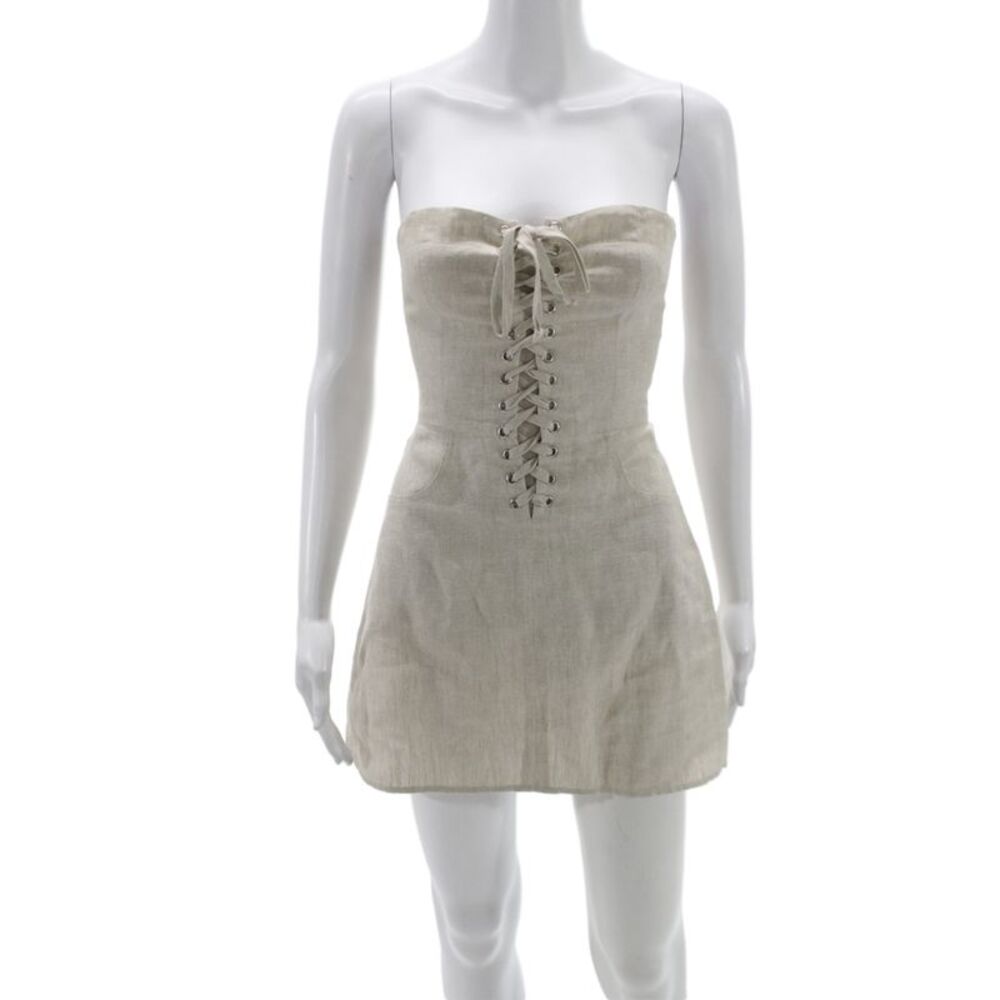 Reformation Women Mini Beige Linen Sweetheart Corset Lace Up Short Dress Size 0